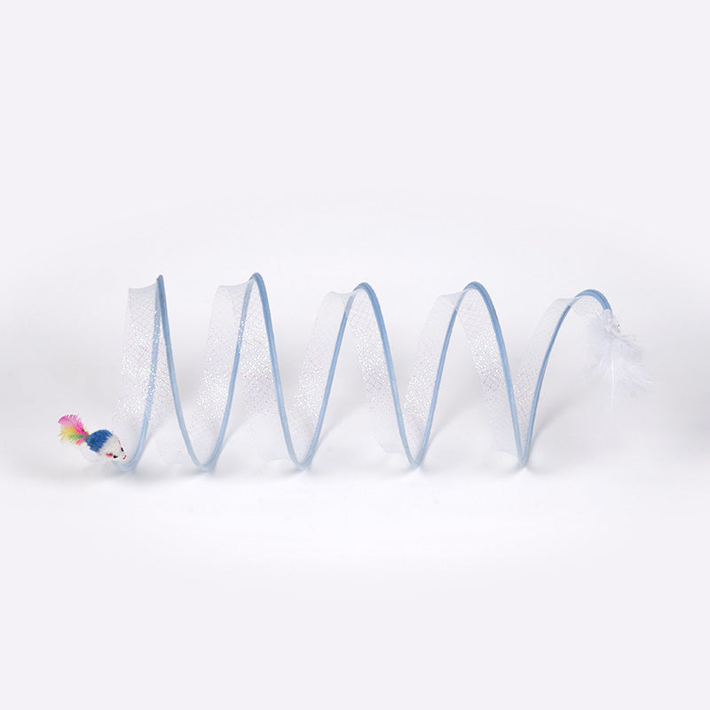 Blue spring toy with a small colorful bird-like figure on a white background