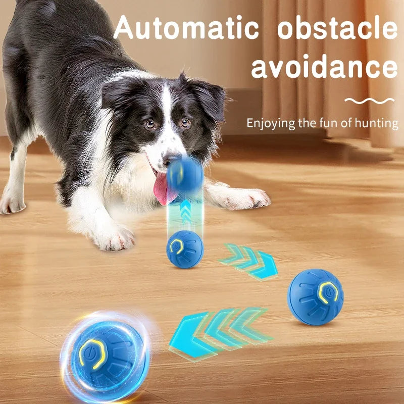 Dog playing with a blue toy on a wooden floor, with text about automatic obstacle avoidance.