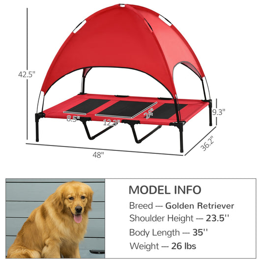 Red pet cot with canopy and dimensions, featuring a Golden Retriever model info.