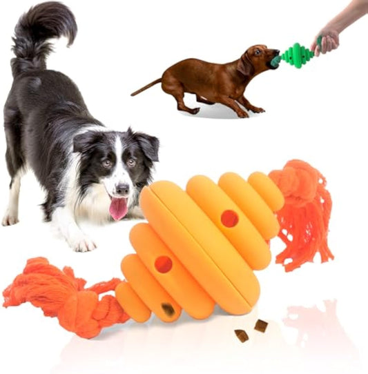 Colorful dog toy with a rope and a large yellow knotted toy in front, with two dogs in the background.