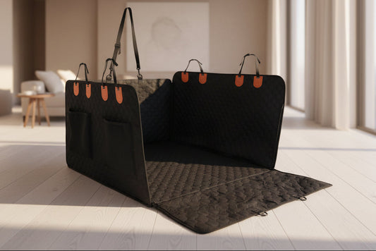 Dog car seat cover with a dog inside, featuring features like easy installation, universal fit, waterproof material, and weight capacity.