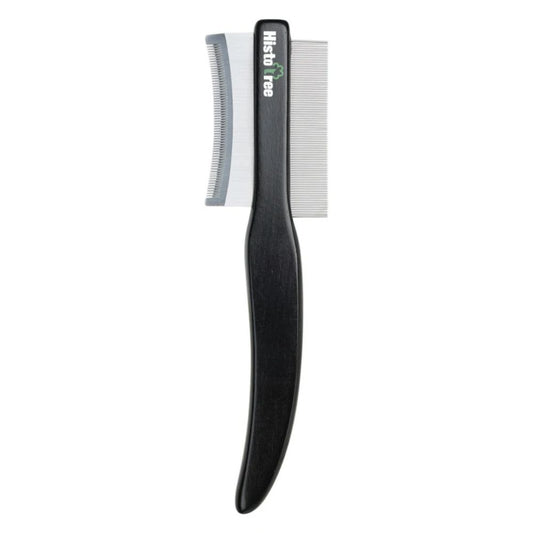 Black comb with metal teeth on a white background