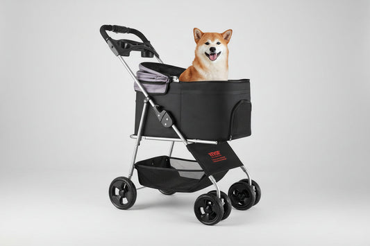 Black pet stroller with a dog inside on a white background