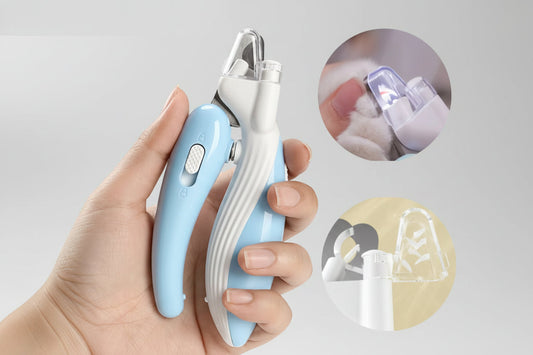 Hand holding a blue and white pet nail grinder with close-up insets on a white background