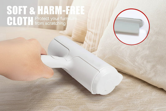 Hand using a white handheld tool on a beige couch with text about soft and harm-free cloth.
