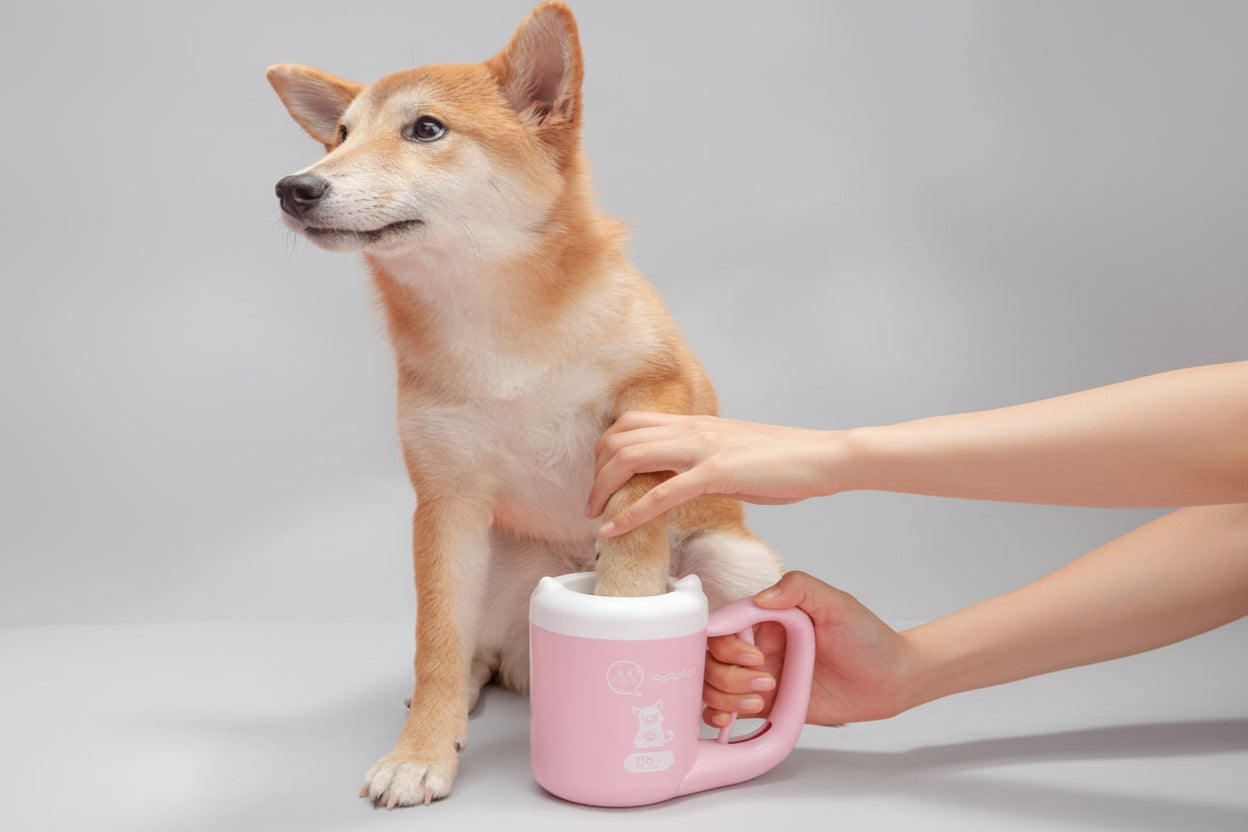 Dog using a pink mug with a handle on a pink background
