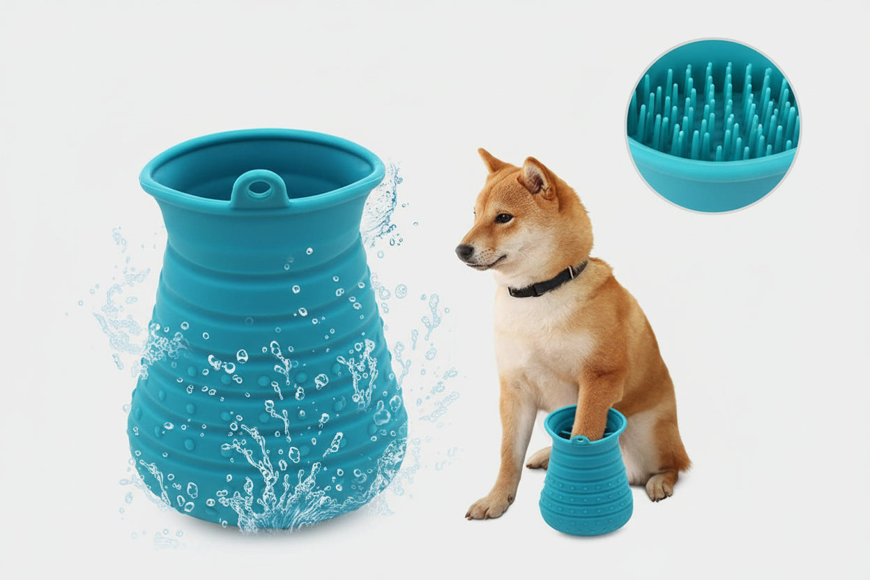 Collapsible blue silicone water bowl with a dog and close-up of the textured surface.