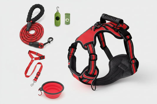 Tactical dog harness set with car seat belt, collapsible bowl, and biodegradable trash bags